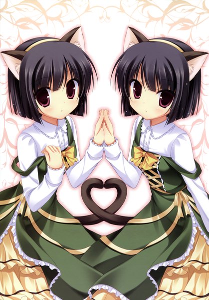 Anime picture 2515x3600 with midori no umi rikuno sorane yukie (peach candy) tall image looking at viewer highres short hair black hair purple eyes multiple girls animal ears tail animal tail cat ears scan cat girl cat tail girl dress