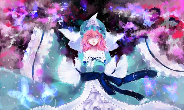Anime picture 2768x1664 with touhou saigyouji yuyuko minase (mmakina) single fringe highres short hair wide image pink hair hair over one eye girl dress belt insect butterfly cap