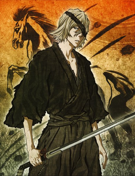 Anime picture 3209x4190 with bleach studio pierrot urahara kisuke tall image highres absurdres japanese clothes torn clothes weapon sword katana eyepatch horse