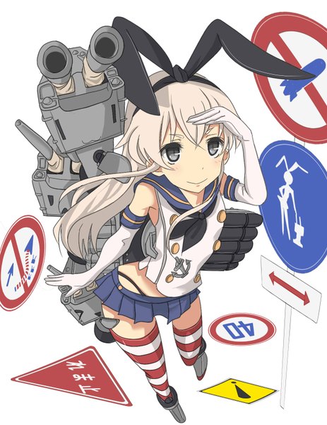 Anime picture 1212x1570 with kantai collection shimakaze destroyer rensouhou-chan kusama no aniki single long hair tall image blush fringe light erotic blonde hair smile white background from above grey eyes looking up girl thighhighs skirt gloves