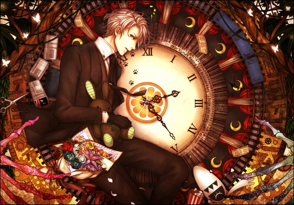 Anime picture 1700x1191 with nico nico singer symag (singer) kaname (cherry0732) looking at viewer short hair blonde hair brown eyes crescent skeleton boy flower (flowers) petals necktie insect butterfly toy stuffed animal suit clock bouquet