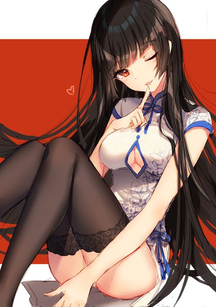 Anime picture 800x1131 with original bison cangshu single long hair tall image looking at viewer light erotic black hair smile red eyes sitting traditional clothes parted lips head tilt one eye closed wink pantyshot finger to mouth chinese clothes pantyshot sitting