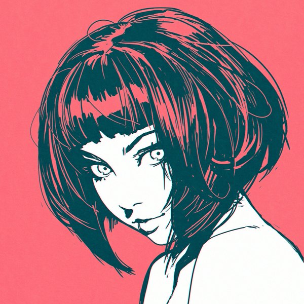 Anime picture 900x900 with real life mellisa clarke ilya kuvshinov single looking at viewer fringe short hair simple background bare shoulders lips monochrome portrait pink background bob cut girl