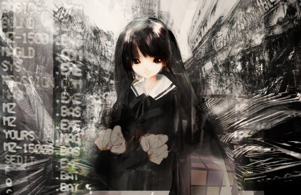 Anime picture 1200x779 with original 86thunder single long hair looking at viewer black hair black eyes girl hands rubik's cube