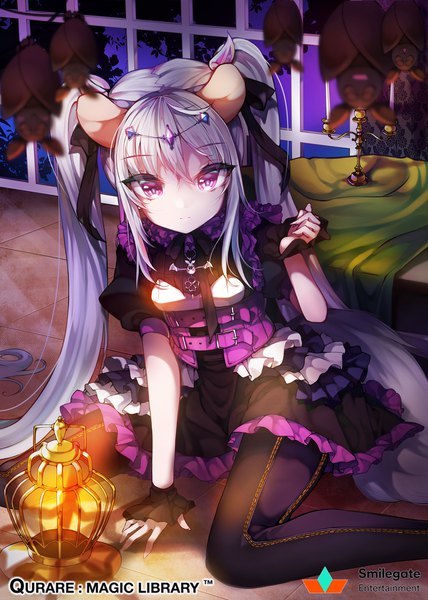 Anime picture 1500x2100 with qurare: magic library kanola u single tall image looking at viewer blush fringe hair between eyes sitting twintails animal ears payot silver hair ahoge bent knee (knees) indoors very long hair pink eyes fingernails night