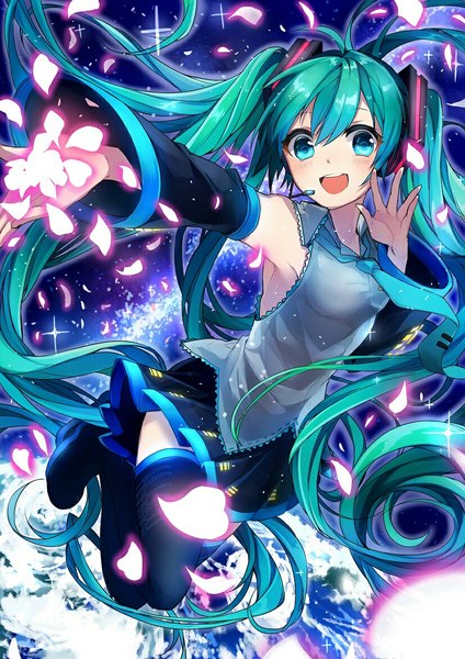 Anime picture 827x1170 with vocaloid hatsune miku sogawa single tall image looking at viewer blush fringe open mouth hair between eyes twintails full body ahoge very long hair aqua eyes aqua hair sparkle armpit (armpits) outstretched arm space