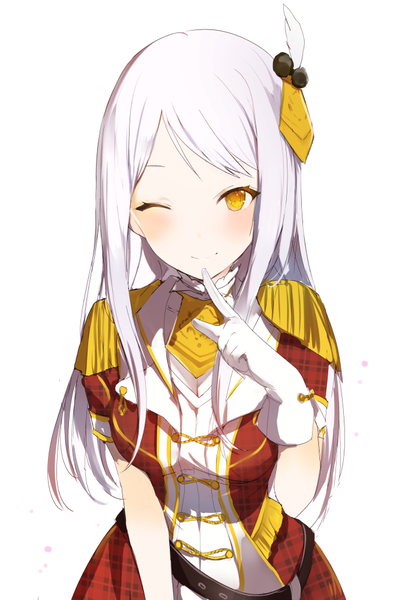 Anime picture 655x1000 with idolmaster idolmaster cinderella girls eve santaclaus lpip single long hair tall image looking at viewer blush simple background smile white background yellow eyes upper body white hair one eye closed finger to mouth across the stars girl gloves