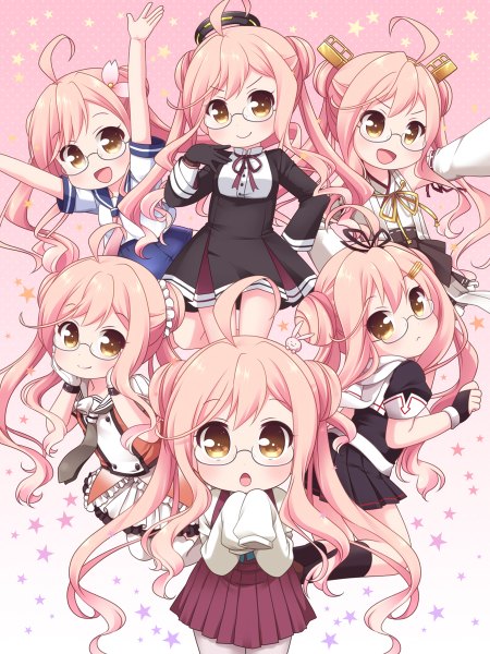 Anime picture 900x1200 with kantai collection makigumo destroyer ringo yuyu long hair tall image looking at viewer blush open mouth smile yellow eyes pink hair girl dress skirt gloves