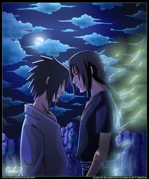 Anime picture 1926x2300 with naruto studio pierrot naruto (series) uchiha sasuke uchiha itachi goku003 long hair tall image highres short hair black hair smile cloud (clouds) ponytail eyes closed japanese clothes profile night sky coloring magic