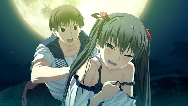 Anime picture 1024x576 with suigetsu 2 long hair short hair open mouth black hair wide image twintails game cg black eyes couple girl boy moon