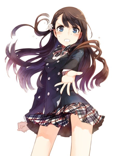 Anime picture 900x1215 with h2so4 single long hair tall image looking at viewer blush fringe breasts blue eyes simple background brown hair white background legs plaid skirt plaid girl skirt uniform bow school uniform