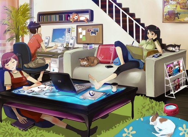 Anime picture 1500x1097 with ipod shigureteki blush black hair brown hair sitting twintails multiple girls indoors barefoot no shoes soles group sleeping body blush head rest drawing eyewear removed girl animal