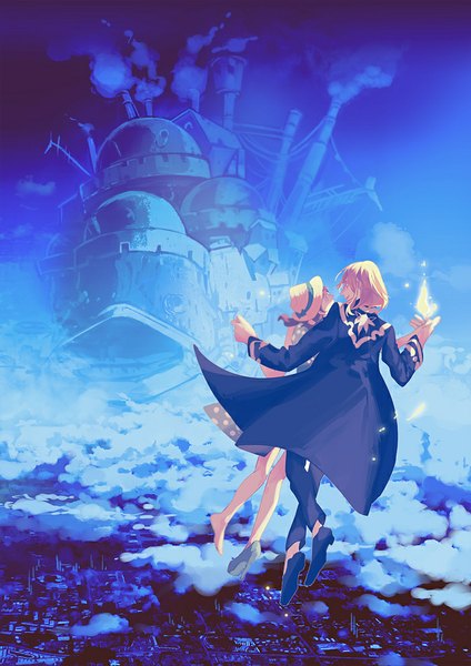 Anime picture 700x990 with howl's moving castle studio ghibli howl sophie hatter calcifer zwollowz long hair tall image blonde hair brown hair cloud (clouds) bent knee (knees) profile looking back from behind night open jacket bare legs high heels no shoes