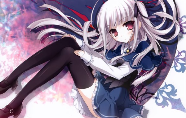 Anime picture 3976x2523 with absolute duo 8bit yurie sigtuna karory single long hair looking at viewer highres red eyes absurdres silver hair scan girl thighhighs uniform ribbon (ribbons) black thighhighs hair ribbon school uniform