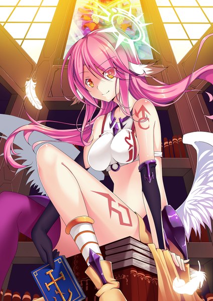 Anime picture 2480x3507 with no game no life madhouse jibril (no game no life) boy30422 single long hair tall image looking at viewer highres light erotic sitting pink hair orange eyes low wings girl gloves wings book (books) feather (feathers)