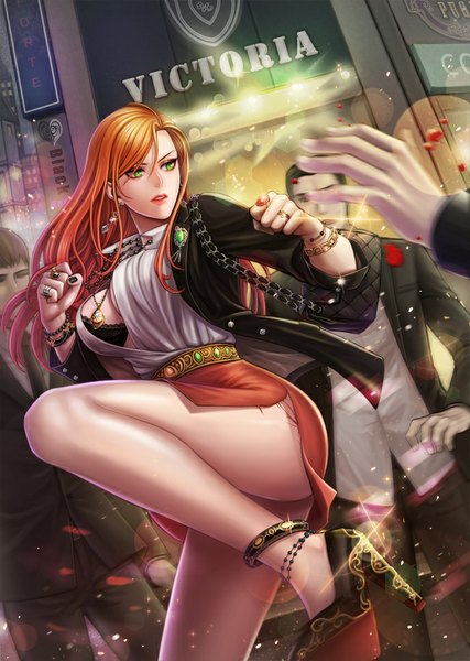 Anime picture 650x914 with original jsr long hair tall image light erotic green eyes orange hair open jacket open shirt legs girl boy skirt shirt jacket bracelet lingerie bra