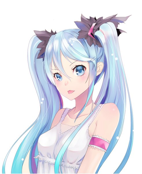 Anime picture 1477x1804 with vocaloid world is mine (vocaloid) hatsune miku settyaro single long hair tall image looking at viewer blush fringe blue eyes simple background hair between eyes white background twintails bare shoulders blue hair :p body blush girl