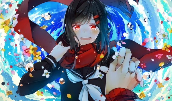 Anime picture 1917x1122 with kagerou project shaft (studio) tateyama ayano kisaragi shintarou yuki (t128) single long hair looking at viewer blush fringe highres open mouth black hair red eyes wide image holding cloud (clouds) tears holding hands happy