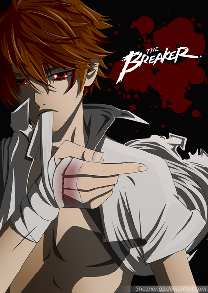 Anime picture 1500x2114 with the breaker shi-woon yi shoenengz single tall image short hair red eyes brown hair inscription open clothes open shirt coloring mouth hold muscle boy bandage (bandages)