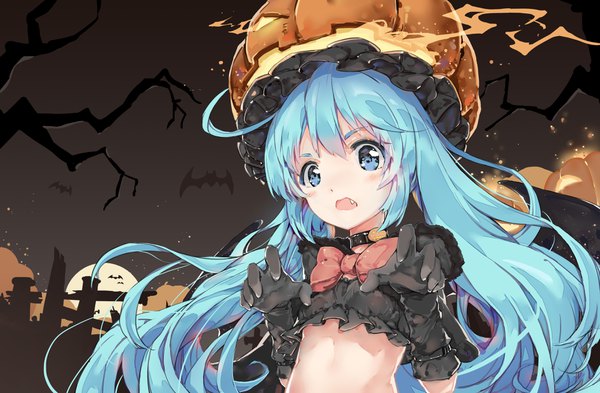 Anime picture 3779x2480 with vocaloid hatsune miku luo xiaofei single looking at viewer blush highres open mouth blue eyes blue hair absurdres very long hair halloween girl gloves black gloves bowtie jack-o'-lantern