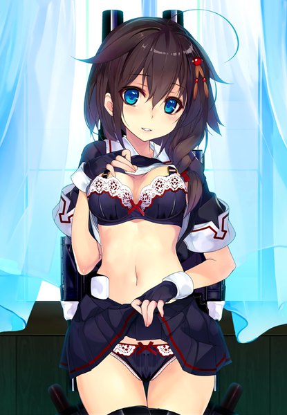 Anime picture 554x800 with kantai collection shigure destroyer shirokitsune single long hair tall image looking at viewer blush fringe breasts blue eyes light erotic hair between eyes brown hair large breasts cleavage ahoge braid (braids) parted lips head tilt