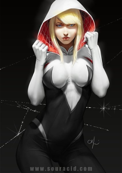 Anime picture 666x942 with marvel comics gwen stacy spider-gwen souracid (artist) single long hair tall image looking at viewer fringe breasts blue eyes simple background blonde hair large breasts standing holding signed lips realistic watermark