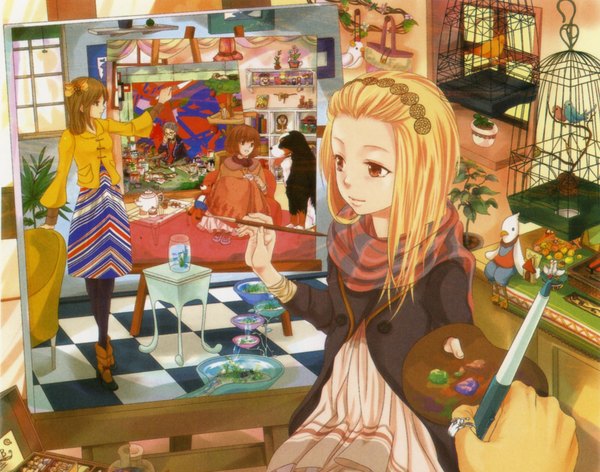 Anime picture 1968x1550 with pixiv girls collection 2010 long hair highres short hair blonde hair brown hair sitting grey hair group checkered floor plant (plants) animal water window scarf bird (birds) curtains cat toy stuffed animal