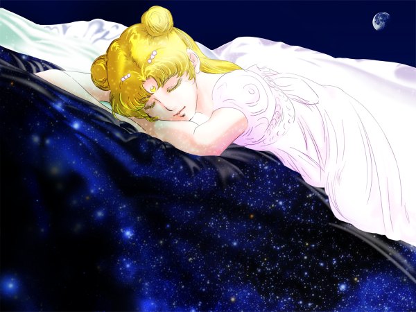 Anime picture 1200x900 with bishoujo senshi sailor moon toei animation tsukino usagi princess serenity single blonde hair twintails sky lying eyes closed night sky sleeping crescent space constellation girl dress hair ornament white dress bed