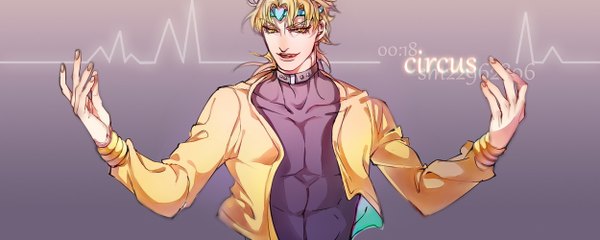 Anime picture 1249x500 with jojo no kimyou na bouken dio brando maosanmu single looking at viewer short hair blonde hair simple background wide image yellow eyes parted lips inscription grey background spread arms boy heart hairband turtleneck