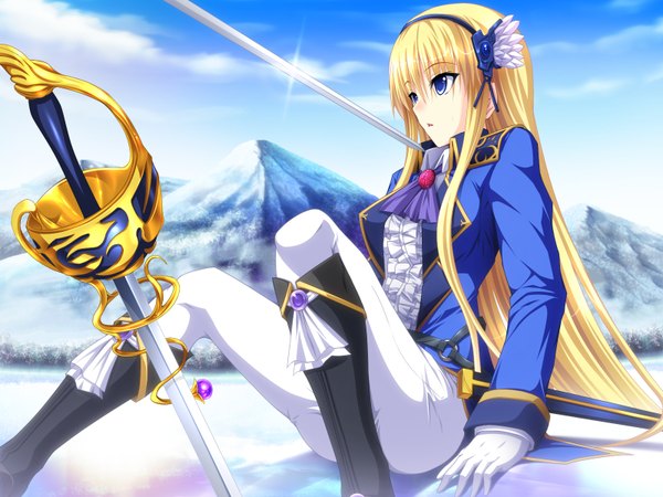 Anime picture 1600x1200 with duelist x engage violetta soleil single long hair blue eyes blonde hair sitting looking away game cg sky bent knee (knees) spread legs mountain girl gloves sword white gloves pants knee boots sheath