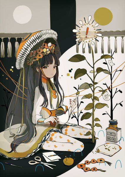 Anime picture 867x1227 with original toinana single long hair tall image looking at viewer black hair brown eyes girl dress flower (flowers) hat scissors watering can