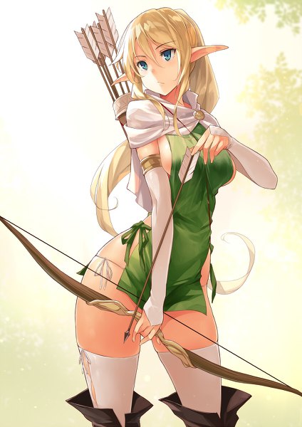 Anime picture 848x1200 with original kekemotsu single long hair tall image fringe breasts blue eyes light erotic blonde hair hair between eyes large breasts standing holding looking away pointy ears no bra sideboob elf fighting stance