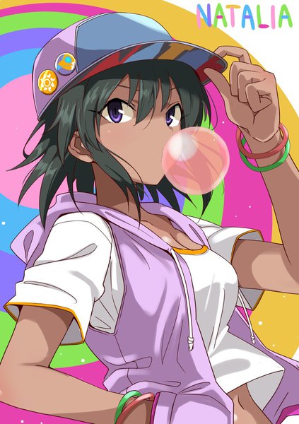 Anime picture 814x1154 with idolmaster idolmaster cinderella girls natalia (idolmaster) youhei (testament) single tall image fringe short hair black hair hair between eyes purple eyes cleavage upper body character names hand in pocket adjusting hat bubble blowing girl bracelet baseball cap