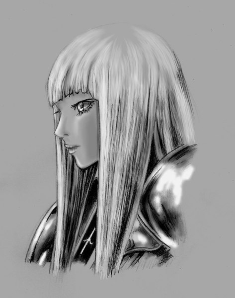 Anime picture 1024x1298 with claymore madhouse beth (claymore) single long hair tall image simple background profile grey background monochrome girl armor sign