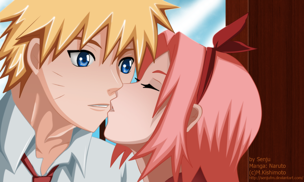 Anime picture 1280x769 with naruto studio pierrot naruto (series) uzumaki naruto haruno sakura senjufm short hair blue eyes blonde hair wide image pink hair sky eyes closed profile sunlight coloring facial mark whisker markings jinchuriki almost kiss