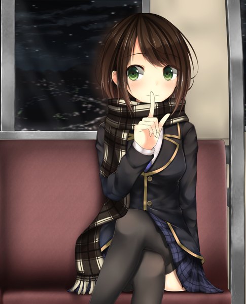 Anime picture 2894x3583 with original mage (335656) single tall image looking at viewer blush fringe highres short hair smile brown hair sitting green eyes cloud (clouds) bent knee (knees) pleated skirt night zettai ryouiki night sky crossed legs