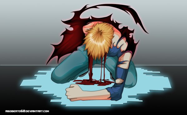 Anime picture 1561x960 with bleach studio pierrot kurosaki ichigo rigoberto60 single short hair simple background wide image signed orange hair kneeling coloring torn clothes boy blood fist