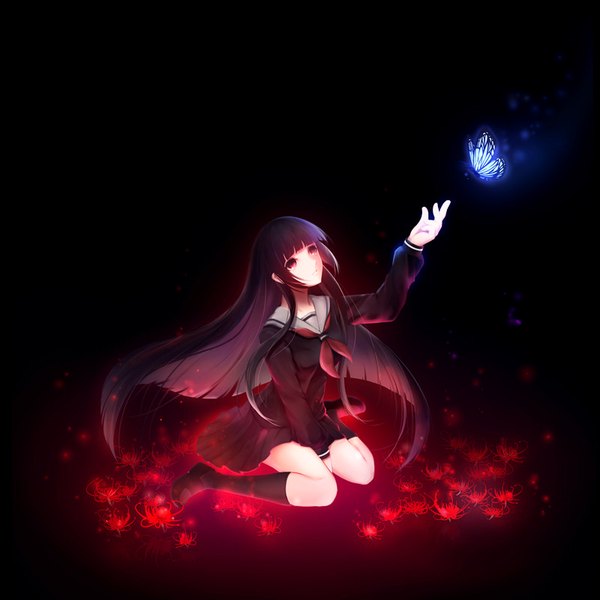 Anime picture 800x800 with hell girl studio deen enma ai lancefate single long hair fringe black hair simple background red eyes sitting payot looking away blunt bangs pleated skirt kneeling black background wariza outstretched hand between legs