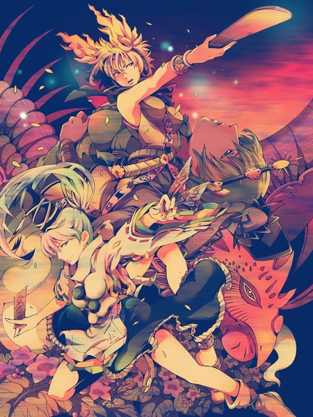 Anime picture 1200x1600 with touhou toyosatomimi no miko mononobe no futo soga no tojiko ichizen (o tori) long hair tall image looking at viewer short hair blonde hair smile bare shoulders multiple girls silver hair ponytail green hair girl flower (flowers) hat boots