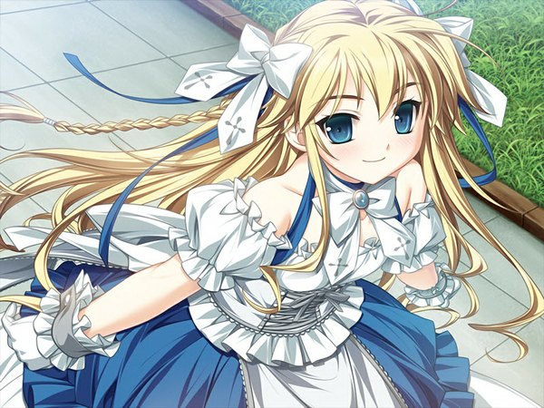 Anime picture 1024x768 with comu -kuroi ryuu to yasashii oukoku- yuubana mayuki long hair looking at viewer blush blue eyes blonde hair smile game cg braid (braids) loli girl dress gloves bow ribbon (ribbons) hair bow hair ribbon white gloves