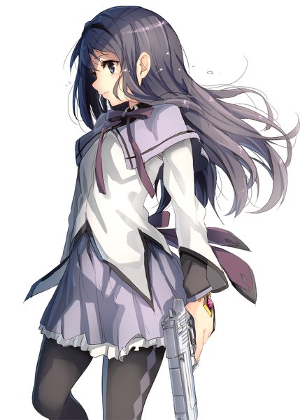 Anime picture 858x1200 with mahou shoujo madoka magica shaft (studio) akemi homura paseri single long hair tall image fringe blue eyes black hair simple background hair between eyes white background holding looking away long sleeves profile wind tears crying