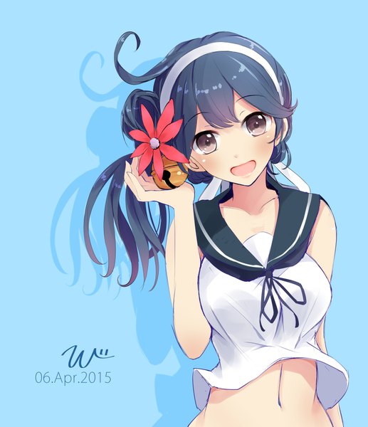 Anime picture 1820x2111 with kantai collection ushio destroyer tebi (tbd11) single long hair tall image looking at viewer fringe highres open mouth simple background bare shoulders blue hair pink hair ahoge multicolored hair hair flower two-tone hair bare belly shadow