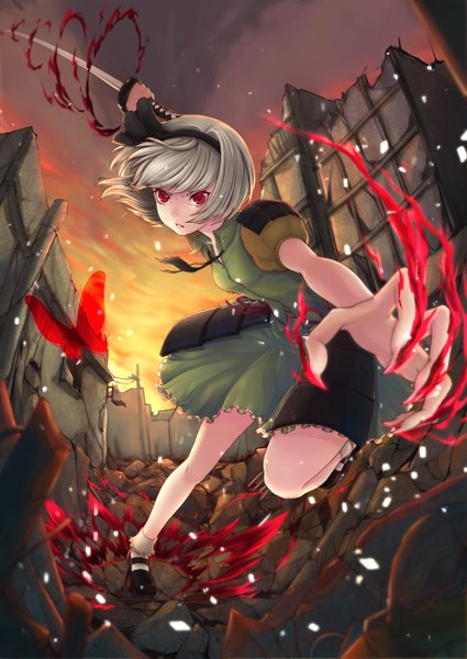 Anime picture 992x1402 with touhou konpaku youmu e neko (pixiv) single tall image looking at viewer short hair red eyes silver hair fingernails long fingernails ruins girl skirt ribbon (ribbons) weapon hair ribbon sword shoes armor