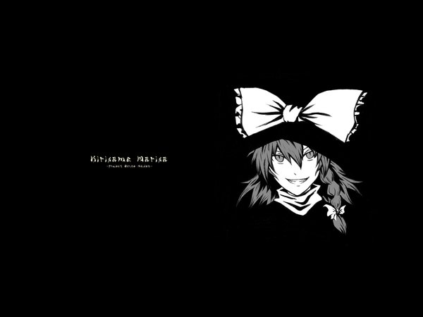 Anime picture 1600x1200 with touhou kirisame marisa single looking at viewer fringe smile hair between eyes braid (braids) character names grin black background monochrome side braid blending girl bow