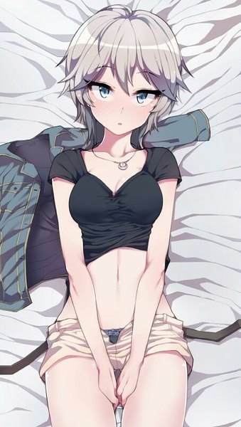 Anime picture 453x801 with idolmaster idolmaster cinderella girls anastasia (idolmaster) jp06 single tall image looking at viewer blush fringe short hair breasts blue eyes light erotic large breasts silver hair lying parted lips open shorts girl navel