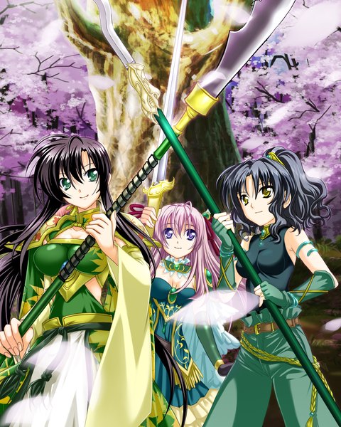 Anime picture 1280x1600 with sangoku hime unicorn-a kan'u unchou (sangoku hime) chouhi yokutoku (sangoku hime) ato (sangoku hime) long hair tall image short hair blue eyes black hair multiple girls green eyes yellow eyes game cg white hair traditional clothes girl weapon petals sword