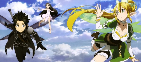 Anime picture 4057x1791 with sword art online a-1 pictures kirigaya kazuto leafa yui (sao) adachi shingo long hair highres short hair black hair blonde hair wide image multiple girls green eyes sky cloud (clouds) ponytail black eyes scan official art