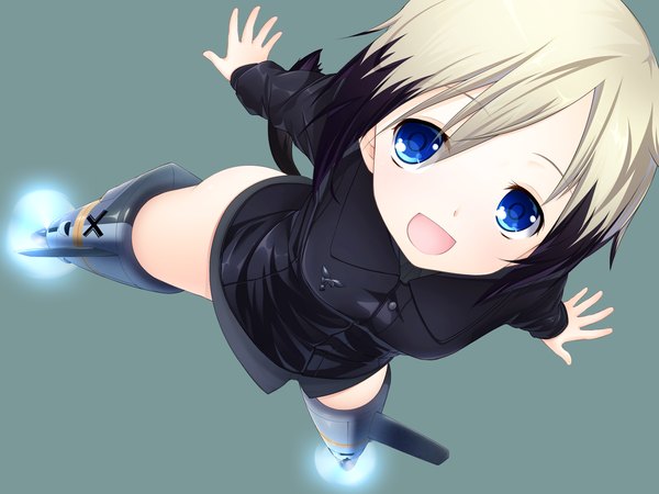Anime picture 1600x1200 with strike witches erica hartmann urepito honke single looking at viewer short hair open mouth blue eyes simple background blonde hair animal ears animal tail flying girl shirt striker units