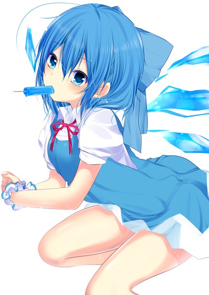 Anime picture 2507x3541 with touhou cirno haruta (806060) single long hair tall image looking at viewer highres blue eyes simple background white background sitting blue hair girl dress bow hair bow wings food sweets