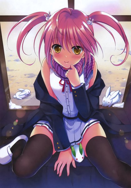 Anime picture 2210x3154 with original tagme (artist) single long hair tall image looking at viewer blush highres smile twintails brown eyes pink hair scan open clothes open jacket girl thighhighs skirt black thighhighs jacket